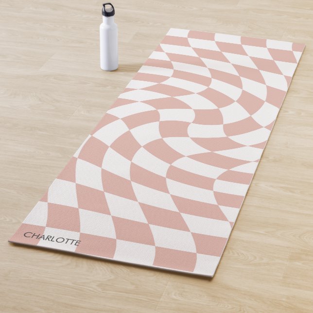 Personalized Retro Dusty Pink Wavy Checkered Yoga Mat (In Situ)