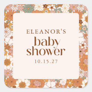 Personalized Retro Earthy Boho Floral Baby Shower Square Sticker