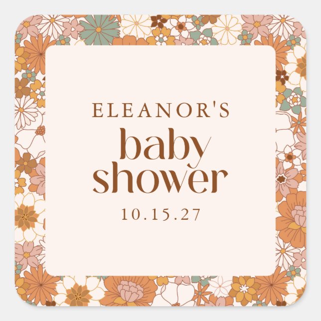 Personalized Retro Earthy Boho Floral Baby Shower Square Sticker (Front)
