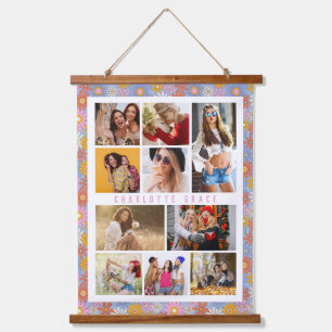 Personalized Retro Floral 10 Photo Collage Hanging Tapestry