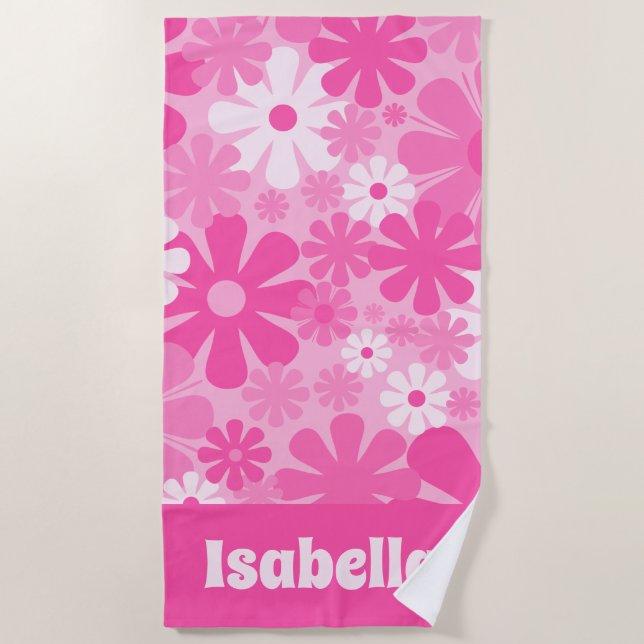 Personalized Retro Floral 60s 70s Y2K Pink Beach Towel (Front)