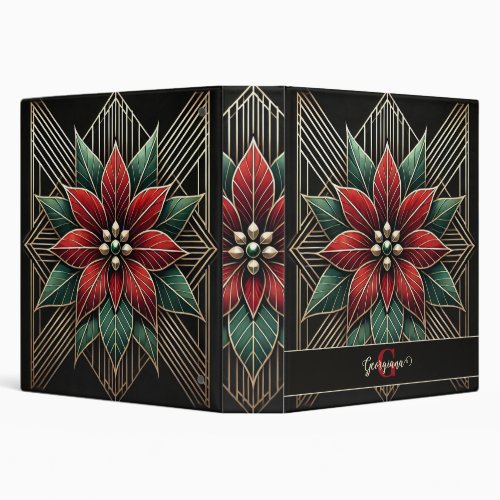 Personalized Retro Floral Art Deco Poinsettia 3 Ring Binder