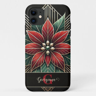 Personalized Retro Floral Art Deco Poinsettia iPhone 11 Case