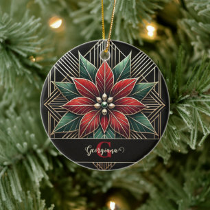 Personalized Retro Floral Art Deco Poinsettia Ceramic Ornament