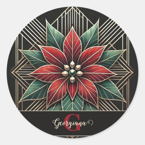 Personalized Retro Floral Art Deco Poinsettia Classic Round Sticker