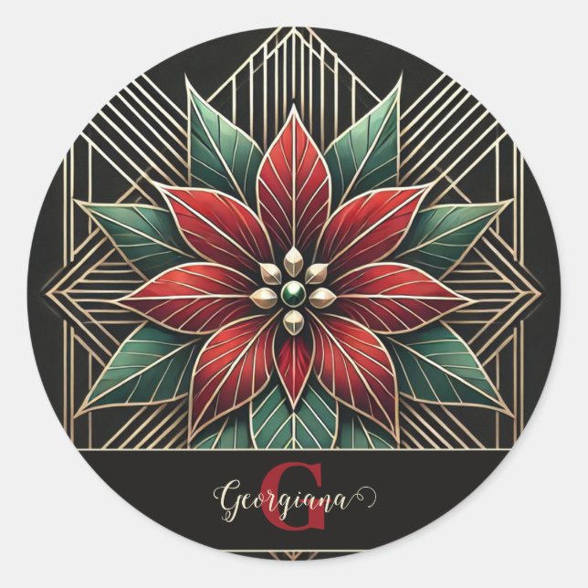 Personalized Retro Floral Art Deco Poinsettia Classic Round Sticker (Front)