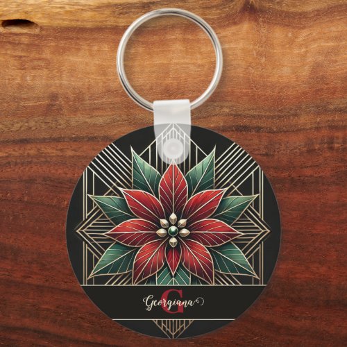 Personalized Retro Floral Art Deco Poinsettia Keychain