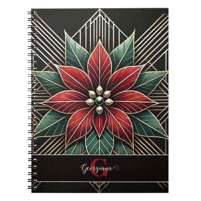 Personalized Retro Floral Art Deco Poinsettia Notebook (Front)