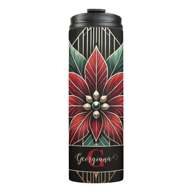 Personalized Retro Floral Art Deco Poinsettia Thermal Tumbler (Front)