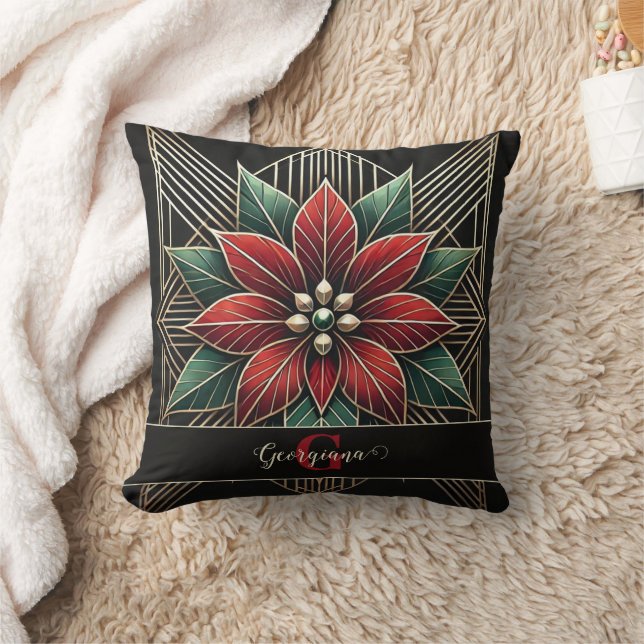 Personalized Retro Floral Art Deco Poinsettia Throw Pillow (Blanket)