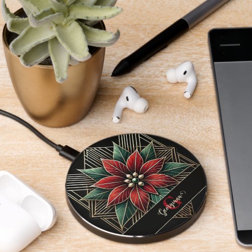Personalized Retro Floral Art Deco Poinsettia Wireless Charger