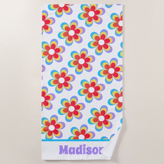 Personalized Retro Floral Beach Towel (Front)