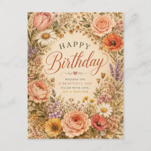 Personalized Retro Floral Birthday with flowers Holiday Postcard