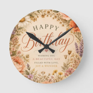 Personalized Retro Floral Birthday with flowers Round Clock