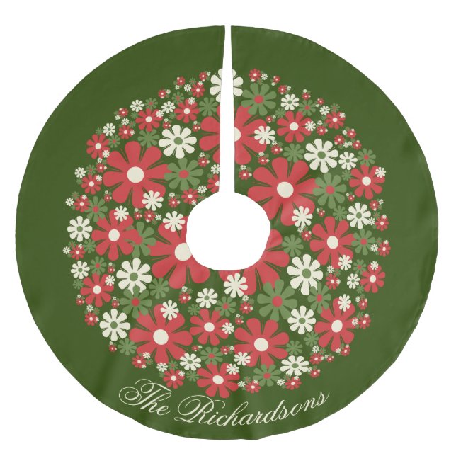 Personalized Retro Floral Christmas Flowers Brushed Polyester Tree Skirt (Front)