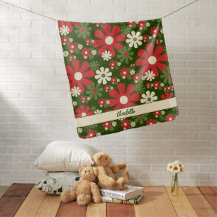 Personalized Retro Floral Christmas Red Green Baby Blanket