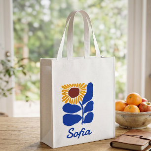 Personalized Retro Floral Daisy Custom Name Gift Grocery Bag