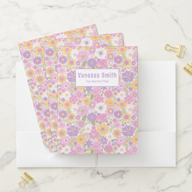 Personalized Retro Floral Pattern Pocket Folder (In Situ)