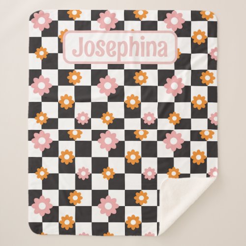 Personalized Retro Floral Pink and Orange Sherpa Blanket