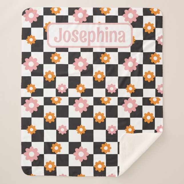 Personalized Retro Floral Pink and Orange Sherpa Blanket (Front)