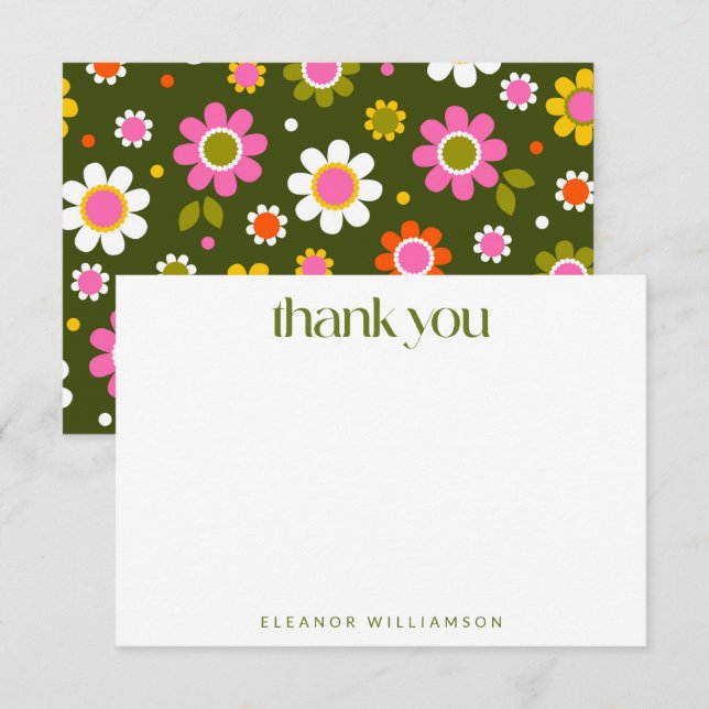 Personalized Retro Floral Playful Pink Green Bold Thank You Card (Front/Back)
