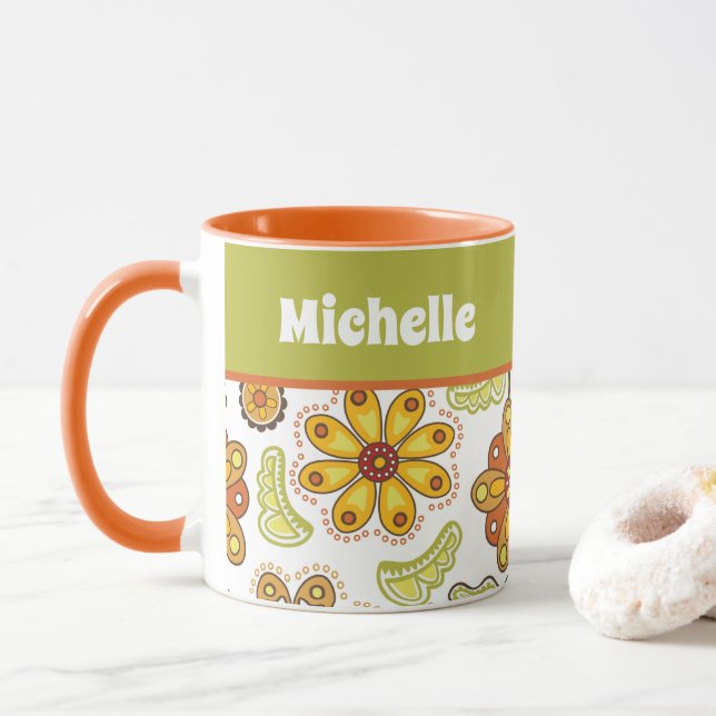 Personalized Retro Flower Orange Green Mug (With Donut)