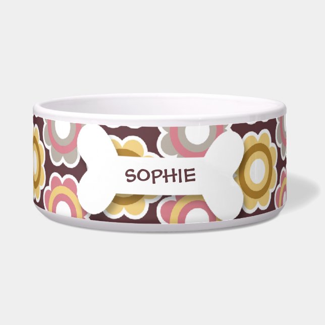 Personalized retro flowers dog bone pet food bowl (Front)