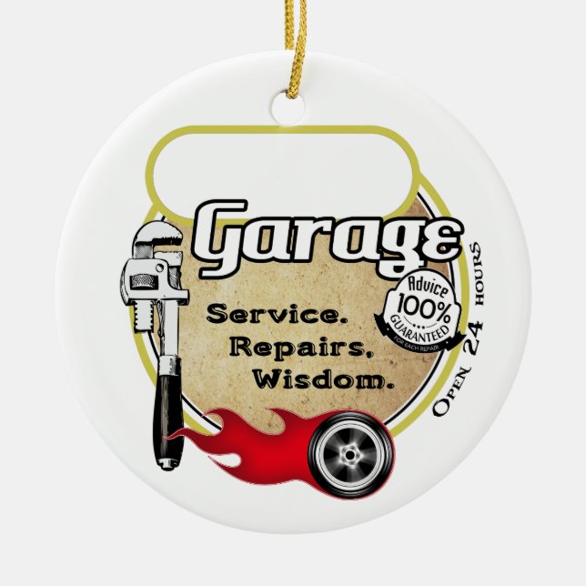 Personalized Retro Garage Sign Ceramic Ornament (Front)