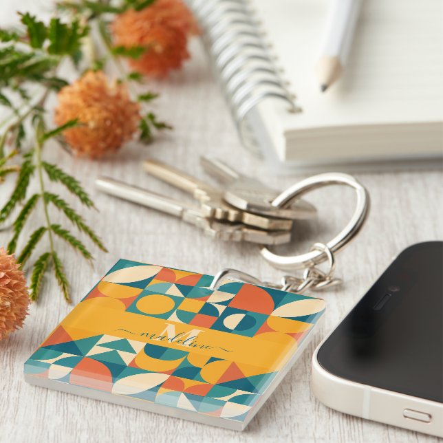 Personalized Retro Geometric Colorful  Keychain (Front Right)