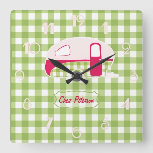 Personalized Retro Gingham Caravan Design Clock