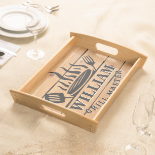 Personalized Retro GRILLMASTER Rustic Wood Serving Tray