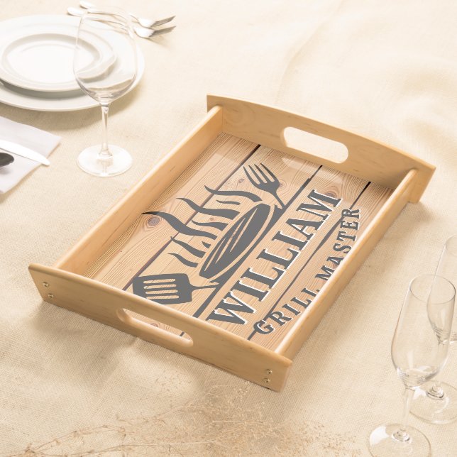 Personalized Retro GRILLMASTER Rustic Wood  Serving Tray (Front)