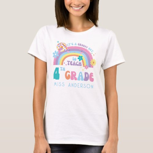 Personalized Retro Groovy 4th Grade Teacher T_Shirt