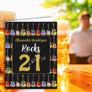 Personalized Retro Guitar 21st Birthday Black Gold Card