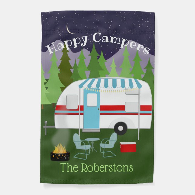 Personalized Retro Happy Camper Garden Flag (Front)