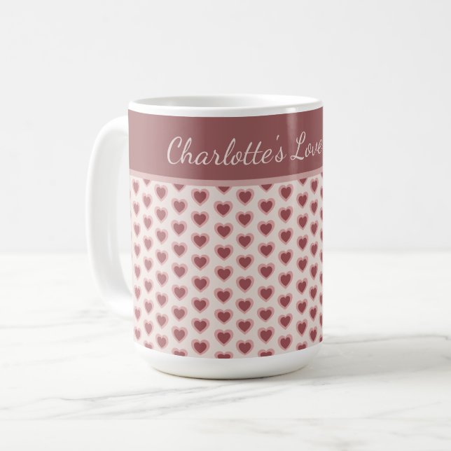 Personalized Retro Hearts Pink Burgundy Coffee Mug (Front Left)