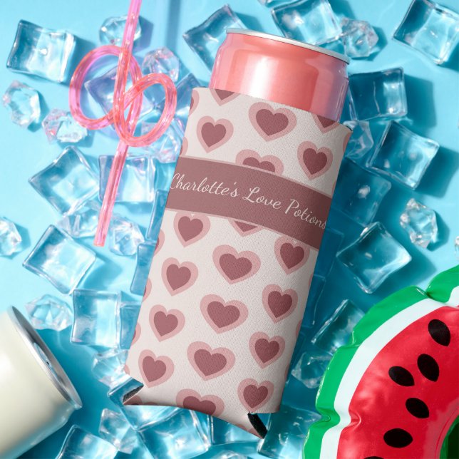 Personalized Retro Hearts Pink Burgundy Seltzer Can Cooler (In Situ Summer)