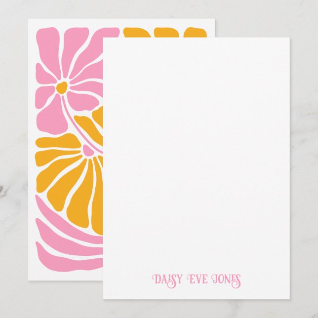 Personalized Retro Hot Pink Orange Floral Motif Note Card (Front/Back)