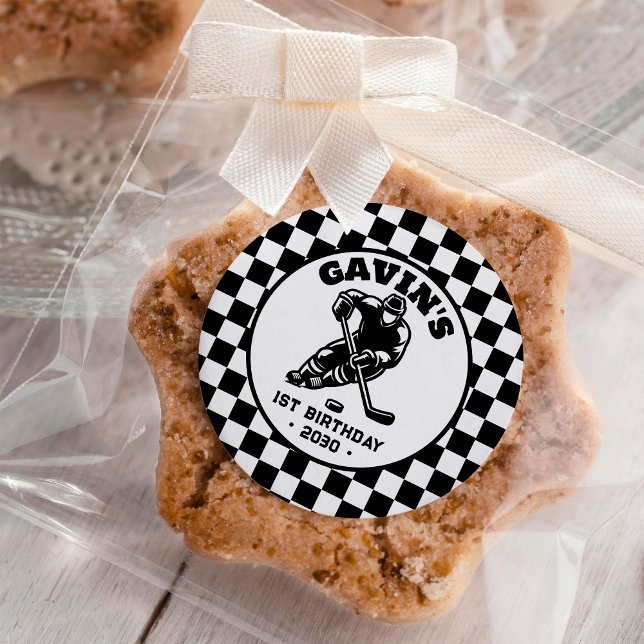 Personalized Retro Ice Hockey Birthday Party Classic Round Sticker (Creator Uploaded)