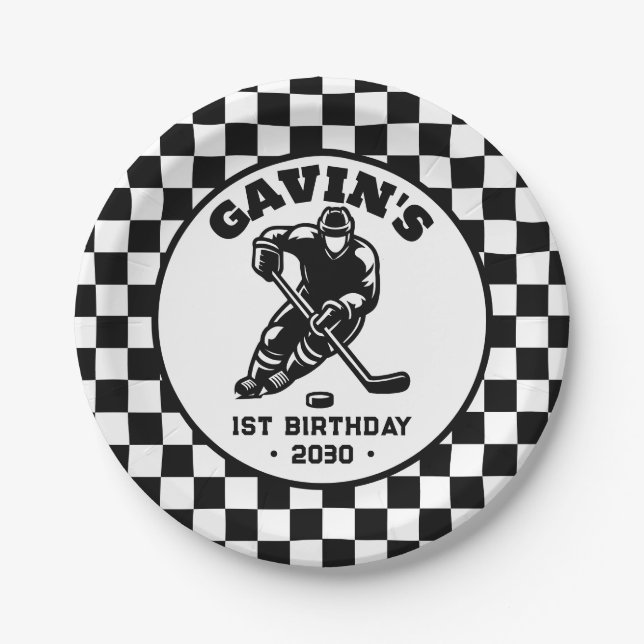 Personalized Retro Ice Hockey Birthday Party Paper Plates (Front)