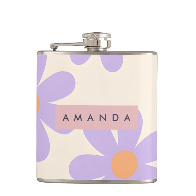 Personalized Retro Lavender Daisy Floral Flask (Front)