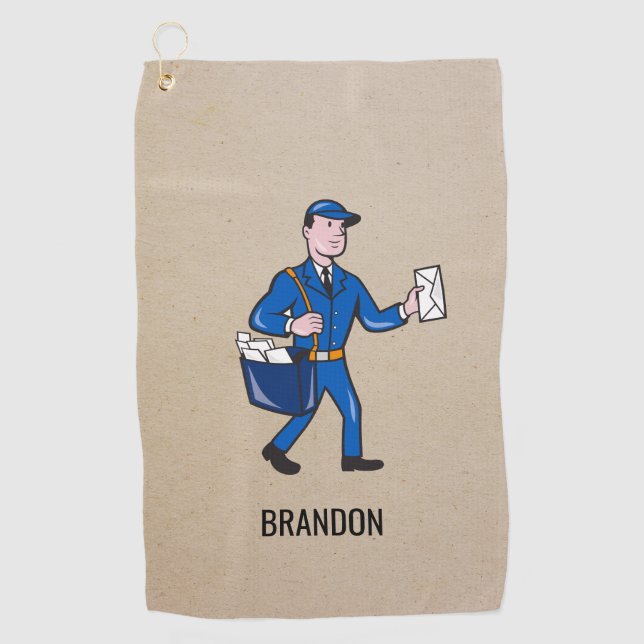 Personalized Retro Mailman Postal Letter Carrier Golf Towel (Front)