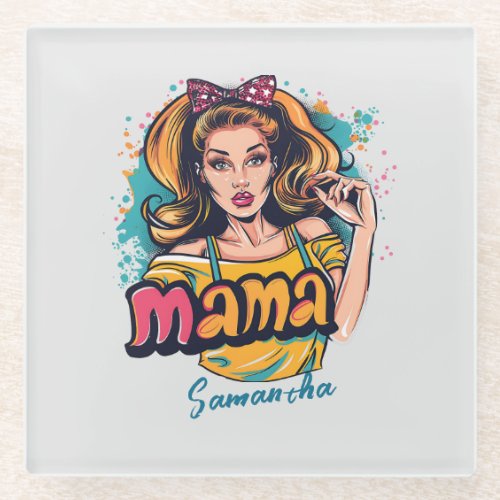 Personalized Retro  Mama Pop Art 10 Glass Coaster