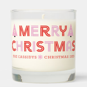 Personalized Retro Merry Christmas Tree Pink & Red Scented Candle