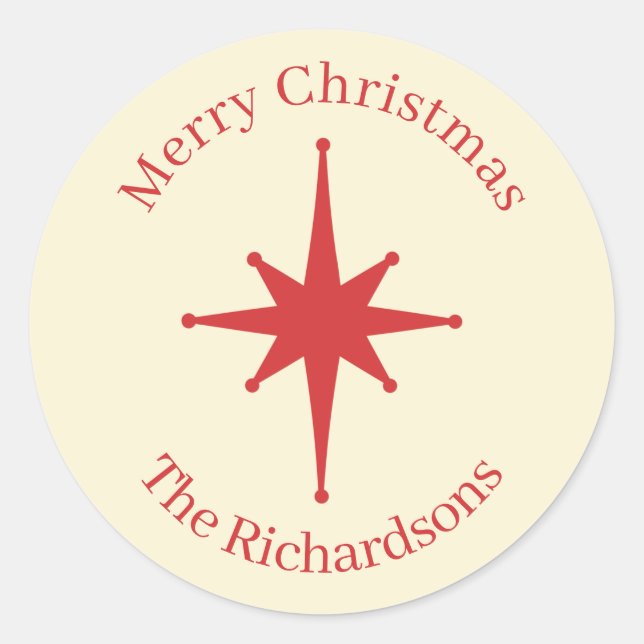 Personalized Retro Midcentury Christmas Red Star Classic Round Sticker (Front)