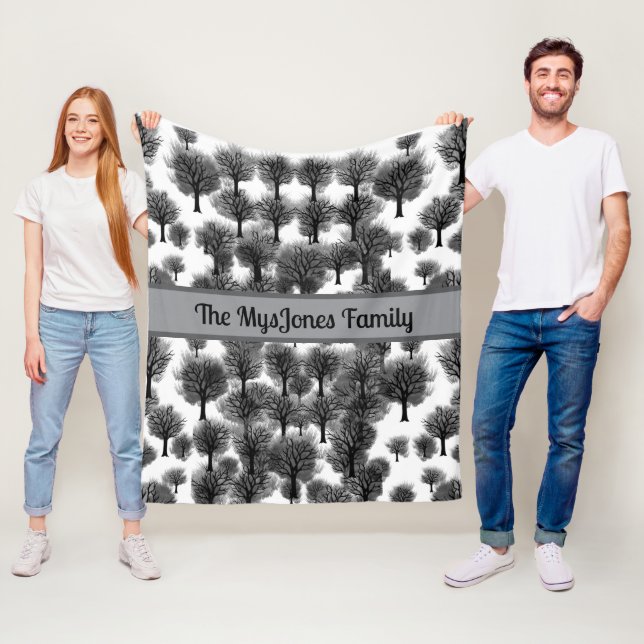 Personalized Retro Minimalist Black Holiday Trees Fleece Blanket (In Situ)