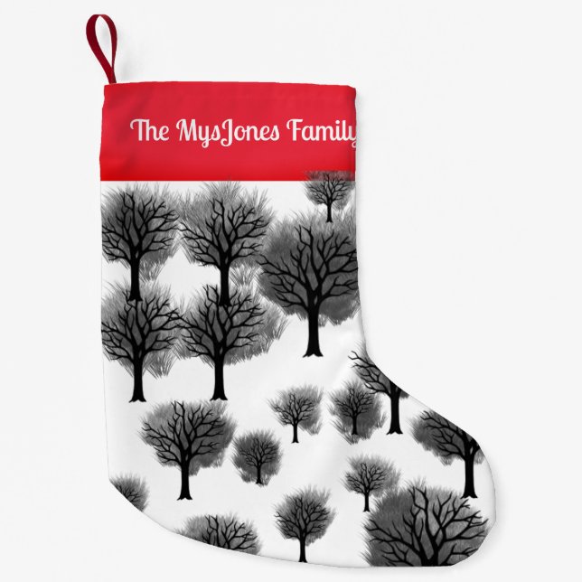 Personalized Retro Minimalist Black Holiday Trees Small Christmas Stocking (Front)