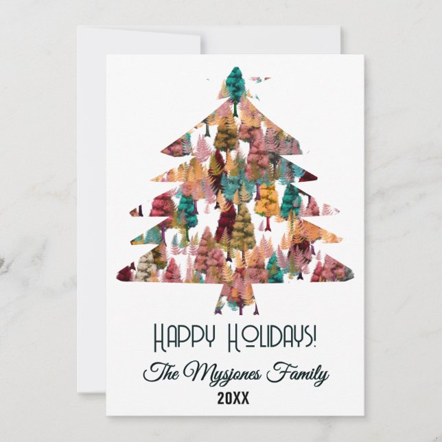 Personalized Retro Minimalist Colours Trees Holiday Card (Front)