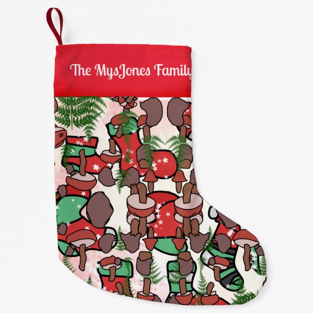 Personalized Retro Minimalist Mushroom Holidays Small Christmas Stocking (Front)