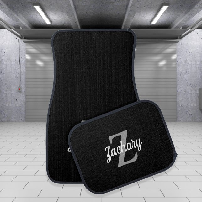 Personalized Retro Monogram Black Gray White Car Floor Mat (Creator Uploaded)